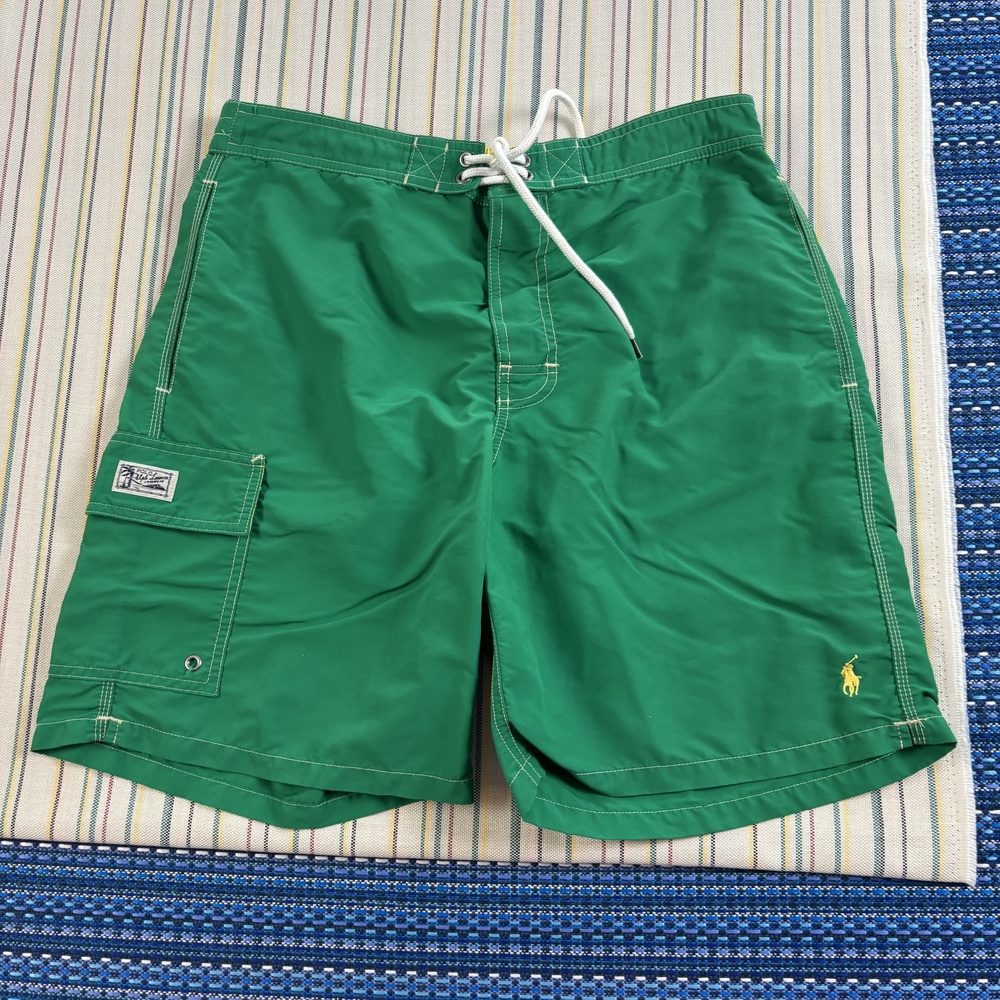Polo Ralph Lauren Swim Trunks Mens Medium Green Nylon Mesh Lined Cargo Pocket EC